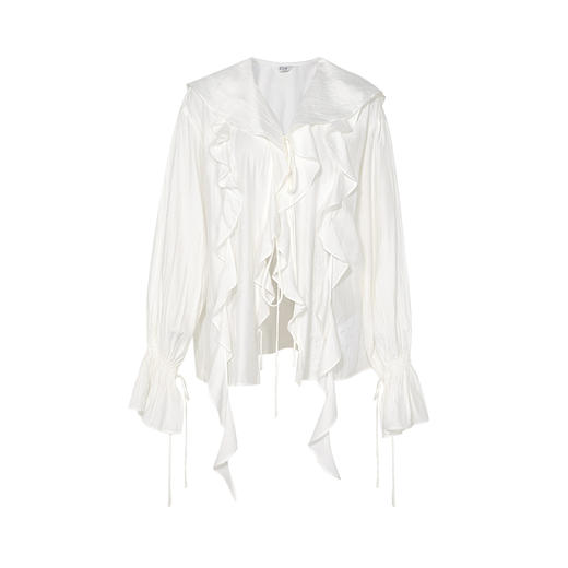 两三事 荷光游灵 2025夏季新款休闲荷叶边绑带束口袖雪纺衫女宽松 商品图4