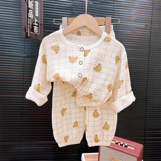 【满印图案家居服套装~】夏季纱布睡衣 儿童纯棉a类 纱布家居服套装 女童薄款花边开衫两件套-QQ 商品图9