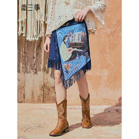 两三事游吟夜曲2025夏新款铆钉装饰印花刺绣流苏不规则裙摆半身裙