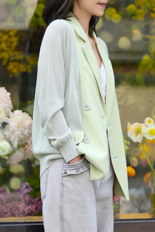 TYNVIE 轻质雪纺针织撞色西装式开衫 - 绿色 商品图8