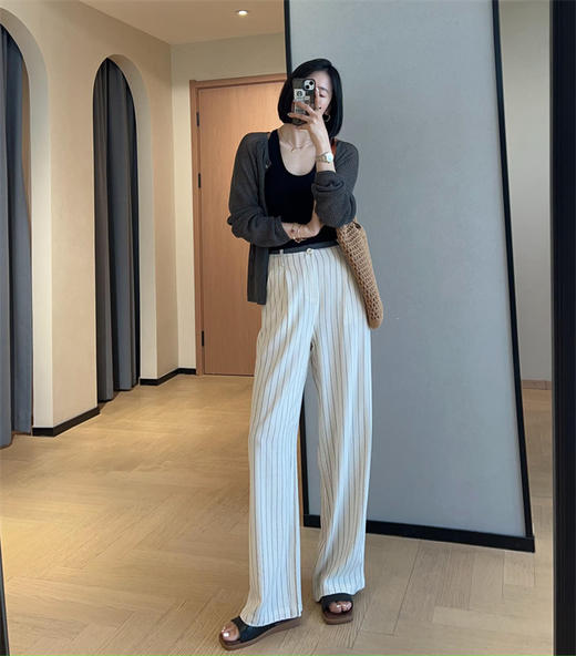 老钱风竖纹清爽亚麻抗皱阔腿裤拼色高腰显瘦直筒长裤 商品图1