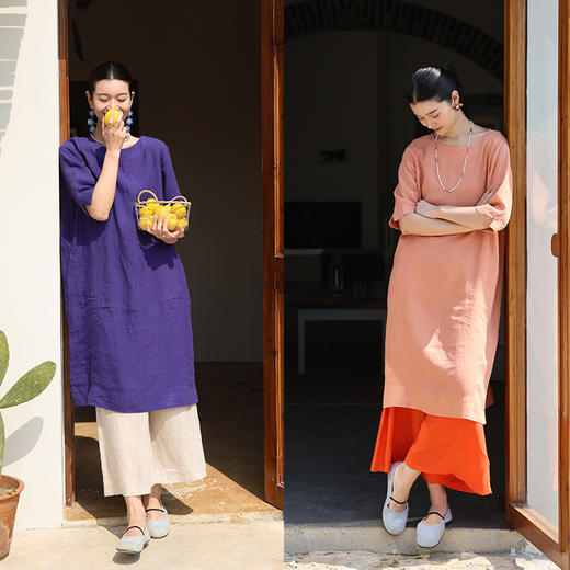 绽放旅行女装231朵/暗香亚麻中袖连衣裙中长款一字领开衩长裙子女 商品图0