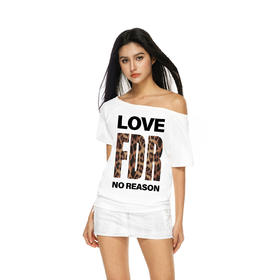 FDR官方店 豹纹字母斜肩短袖T恤女夏季辣妹露肩性感体恤上衣