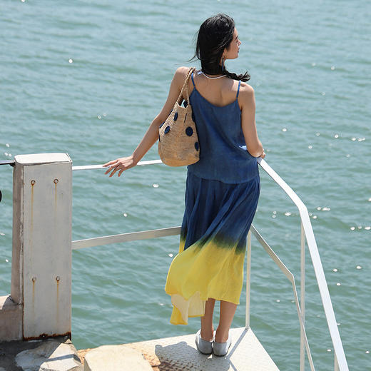 绽放旅行女装第238-239朵/纯亚麻印染可调节吊带松紧捏褶半身裙子 商品图2