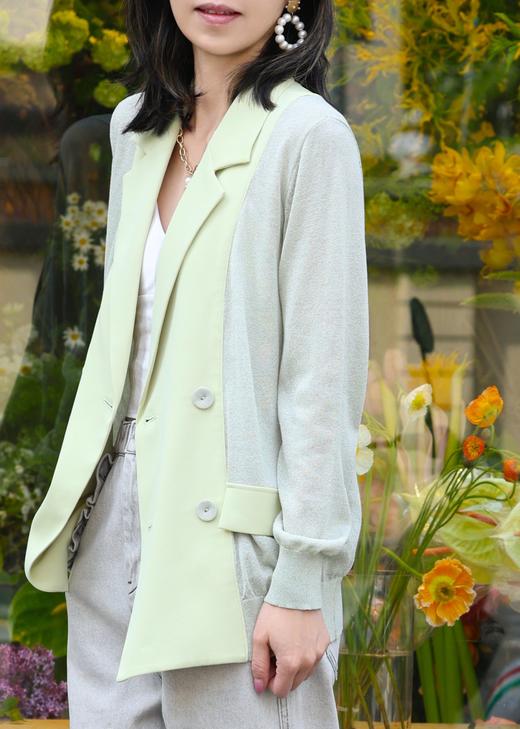 TYNVIE 轻质雪纺针织撞色西装式开衫 - 绿色 商品图2