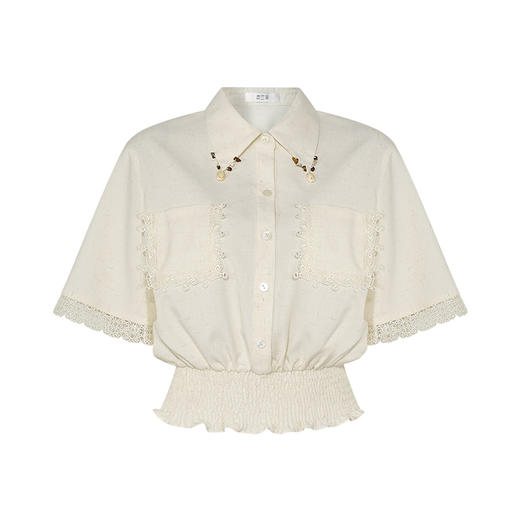 两三事 白日游离 2025夏季新款小清新贝壳装饰翻领蕾丝拼接衬衫女 商品图4