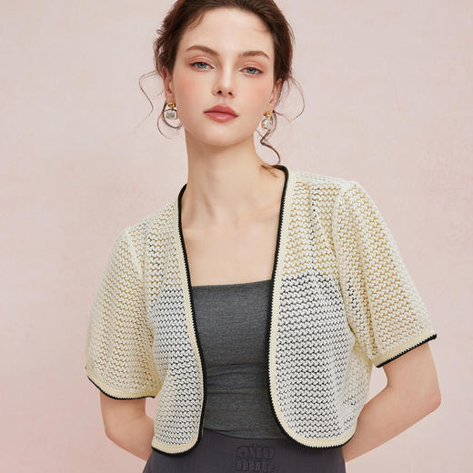 QF103斯尔丽2025夏季新款蕾丝外搭披肩小衫撞色边宽松百搭开衫空调衫 商品图4