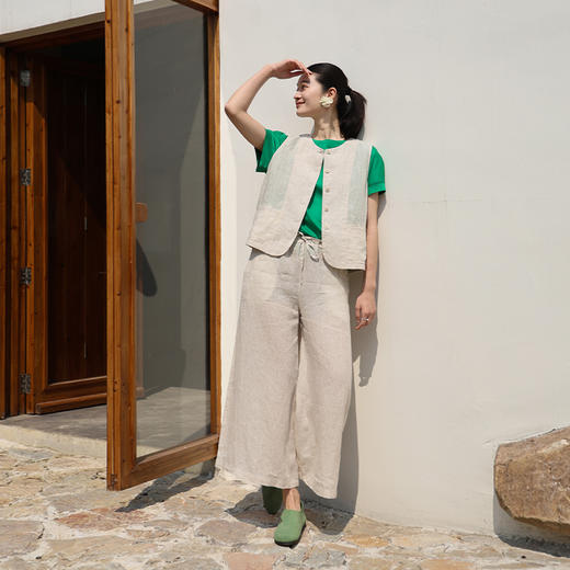 绽放旅行女装259朵/松紧腰系带喇叭裤高支亚麻立体系带九分休闲裤 商品图1