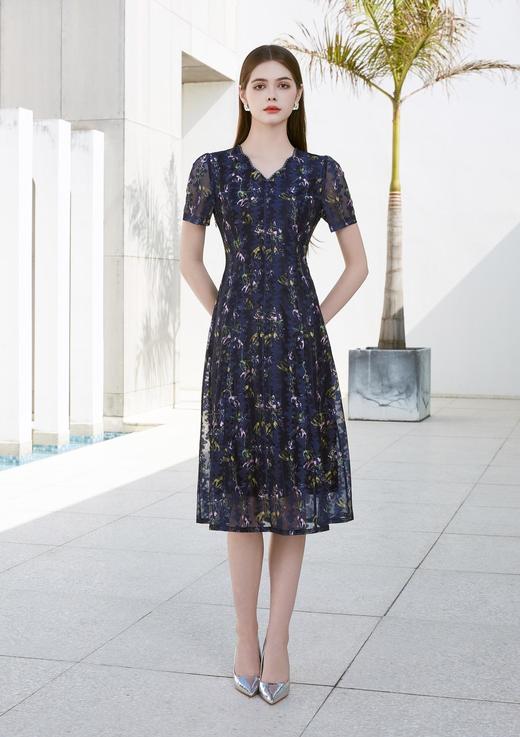 SZ2S63_帝释青色_连衣裙_夏季_花边V领收腰修身短袖中长款_高级女装_BERNIEELEN 伯妮斯茵 商品图0