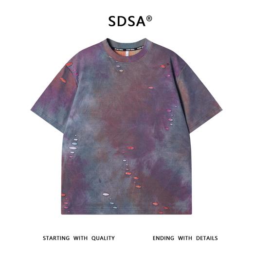 夏季高级感新款美式扎染晕染割破圆领短袖体恤街头做旧宽松上衣 商品图0