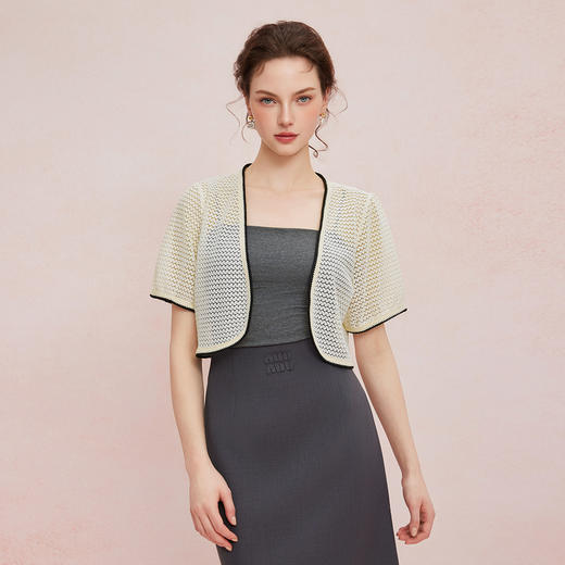 QF103斯尔丽2025夏季新款蕾丝外搭披肩小衫撞色边宽松百搭开衫空调衫 商品图0
