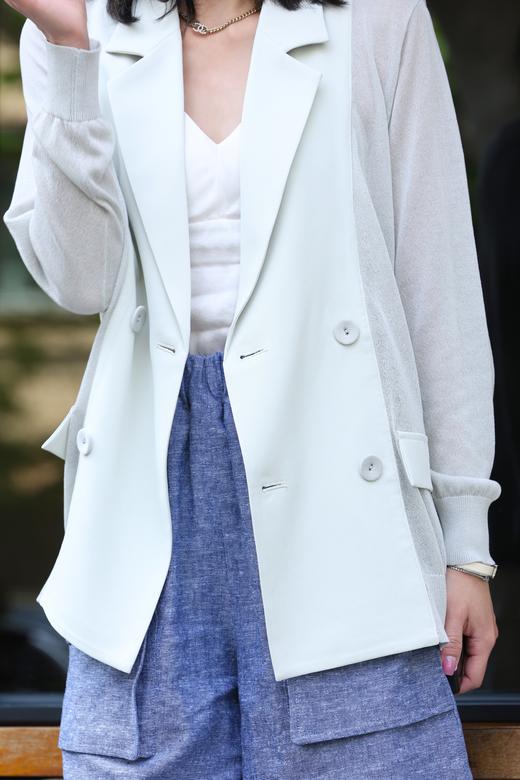 TYNVIE 轻质雪纺针织撞色西装式开衫 - 灰色 商品图11