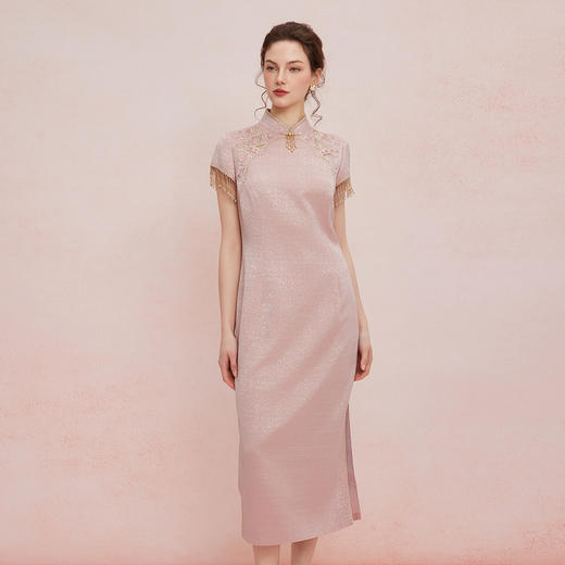 QB810斯尔丽25新款提花精致绣花改良旗袍领口袖口流苏钉珠礼服连衣裙 商品图0