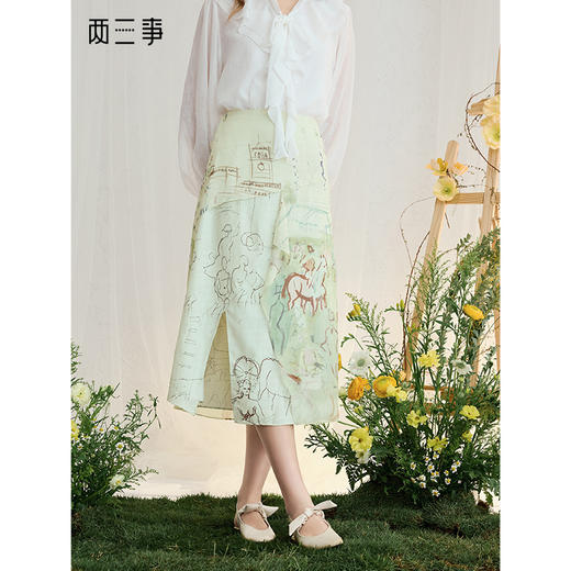 两三事 青蔓游绘 2025夏季新款复古印花开叉裙摆高腰半身裙长裙 商品图0