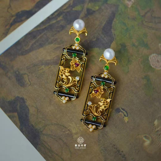 龢盒原创 一莲一锦，一世清欢 银镶翡翠珍珠耳坠 商品图2