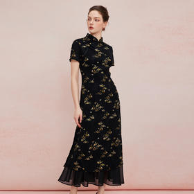 QF820斯尔丽25新款改良式旗袍提花加印花下摆荷叶波浪修身浪漫连衣裙