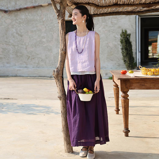 绽放旅行女装223朵/马卡龙背心高支砂洗苎麻双层假两件撞色吊带衫 商品图2