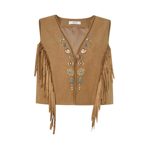 两三事 荒野韵脚  2025夏季新款百搭流苏刺绣麂皮马甲女马夹外套 商品图4