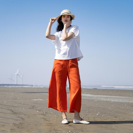绽放旅行女装259朵/松紧腰系带喇叭裤高支亚麻立体系带九分休闲裤 商品图2