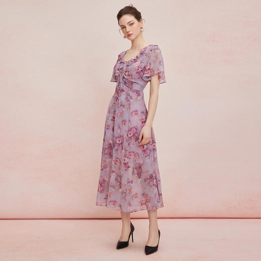 QF829斯尔丽25新款法式浪漫高腰节荷叶边女人味十足散大摆碎花连衣裙 商品图8