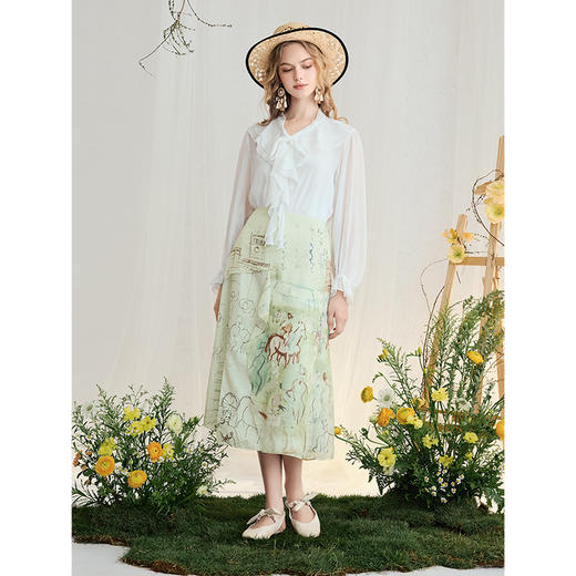 两三事 青蔓游绘 2025夏季新款复古印花开叉裙摆高腰半身裙长裙 商品图3
