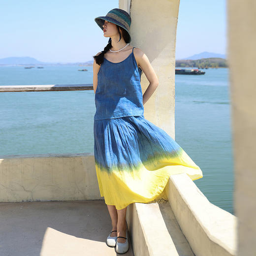 绽放旅行女装第238-239朵/纯亚麻印染可调节吊带松紧捏褶半身裙子 商品图0