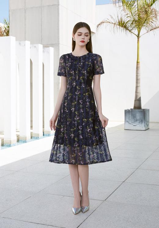 SZ2S65_帝释青_连衣裙_夏季_圆领木耳花边收腰短袖中长款网纱提花_高级女装_BERNIEELEN 伯妮斯茵 商品图0