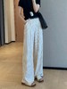 老钱风竖纹清爽亚麻抗皱阔腿裤拼色高腰显瘦直筒长裤 商品缩略图7
