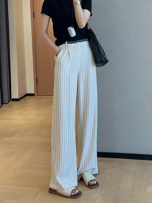 老钱风竖纹清爽亚麻抗皱阔腿裤拼色高腰显瘦直筒长裤 商品图7
