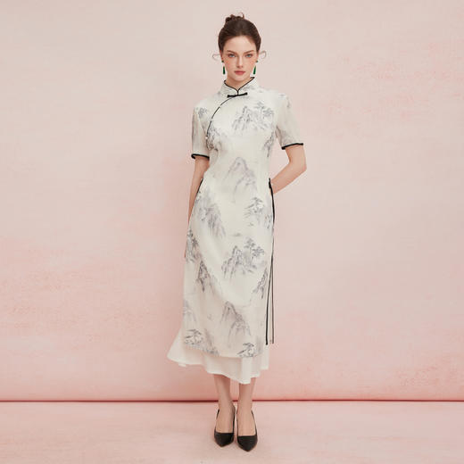 QF823斯尔丽25新款改良式旗袍提花工艺飘逸下摆插片A型显瘦浪漫连衣裙 商品图3