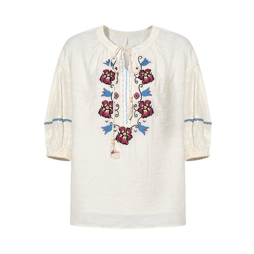 两三事 蔷薇图腾 2025夏季新款民族风绣花绑带灯笼袖衬衫女宽松 商品图4