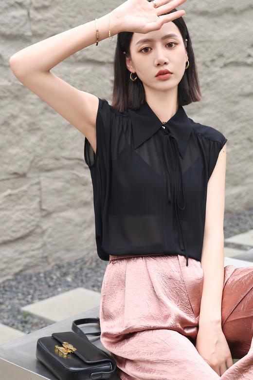 SZ2F53_顺圣色/漆黑色_衬衫_春夏_无袖翻领系带优雅气质_高级女装_BERNIEELEN 伯妮斯茵 商品图1