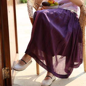 绽放旅行女装229朵/流光裙高支苎麻双层拼色半裙砂洗系带半身长裙