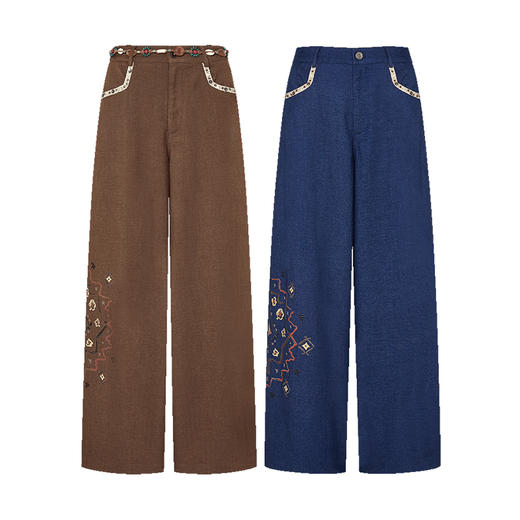 两三事 浪游波嬉 2025夏季新款文艺风印花织带拼接阔腿休闲裤女 商品图4