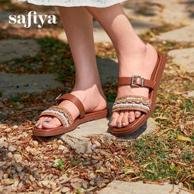 预售7天|Safiya/索菲娅2025民族风编织轻便休闲方头平底高级感一字拖SFD2110365