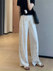 老钱风竖纹清爽亚麻抗皱阔腿裤拼色高腰显瘦直筒长裤 商品缩略图6
