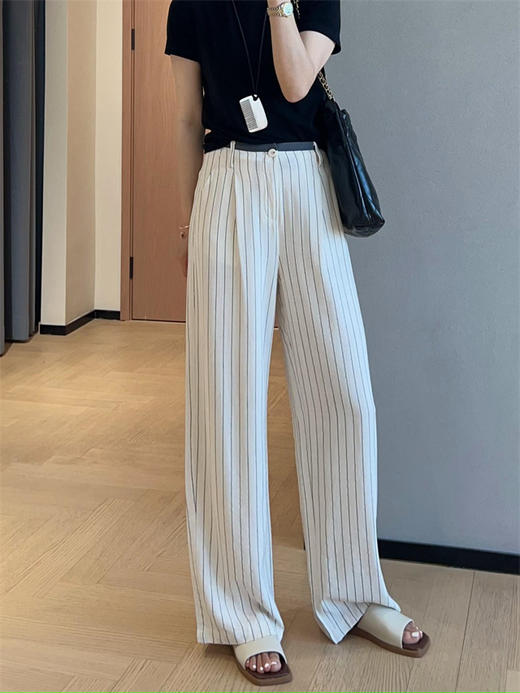 老钱风竖纹清爽亚麻抗皱阔腿裤拼色高腰显瘦直筒长裤 商品图6