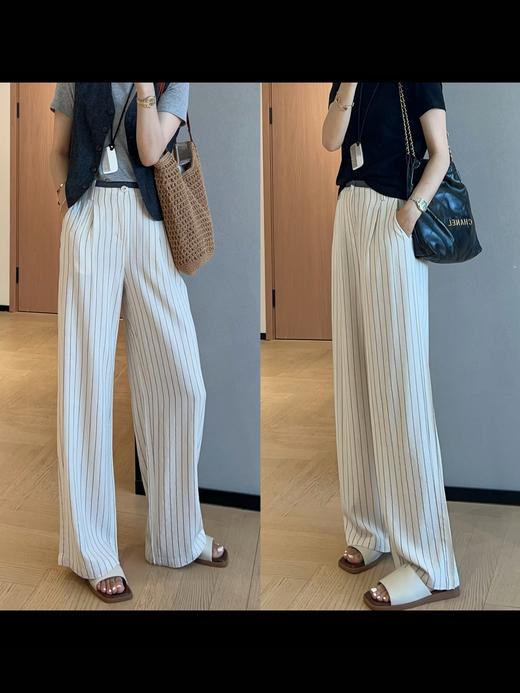 老钱风竖纹清爽亚麻抗皱阔腿裤拼色高腰显瘦直筒长裤 商品图10