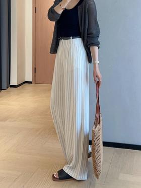 老钱风竖纹清爽亚麻抗皱阔腿裤拼色高腰显瘦直筒长裤