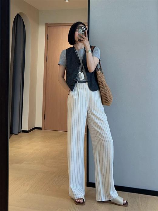 老钱风竖纹清爽亚麻抗皱阔腿裤拼色高腰显瘦直筒长裤 商品图3