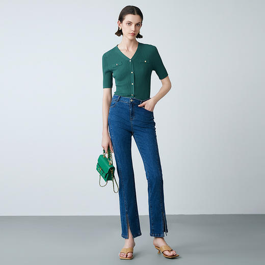 EITIE爱特爱夏季新款时尚高腰开叉显瘦百搭经典牛仔裤7805501 商品图1