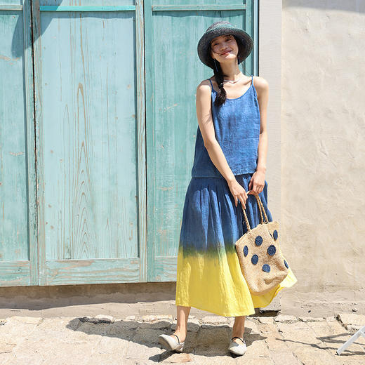 绽放旅行女装第238-239朵/纯亚麻印染可调节吊带松紧捏褶半身裙子 商品图1