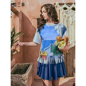 两三事萤海燃诗2025夏新款休闲流苏下摆绑带领印花短袖t恤女宽松