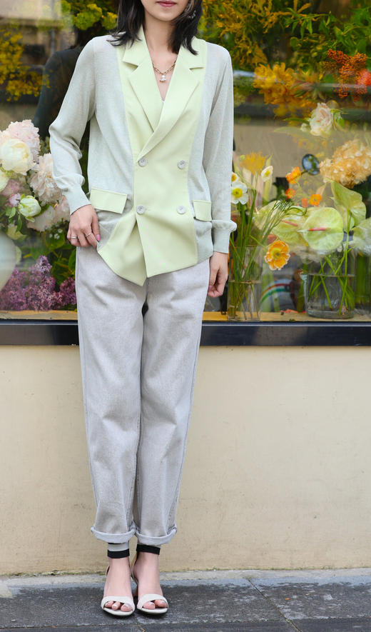 TYNVIE 轻质雪纺针织撞色西装式开衫 - 绿色 商品图10