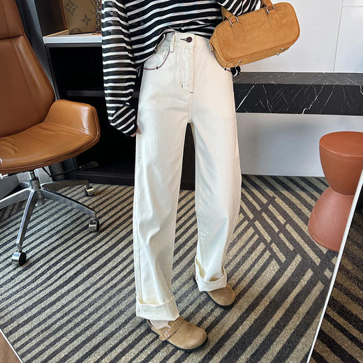 版型牛牛！2025新款白色窄版牛仔裤女春季新款宽松直筒刺绣阔腿拖地裤子！ 商品图3