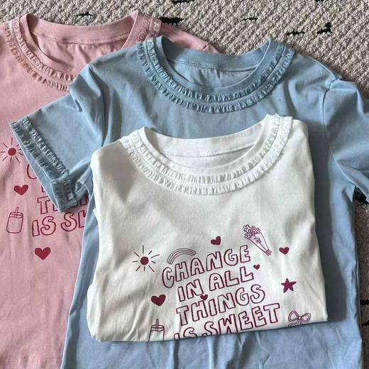 2025新品  软软同款【花边字母T】休闲时尚潮流卡通韩版字母印花花边短袖T恤 商品图1