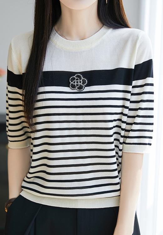小香风山茶花钉珠撞色条纹针织短袖T恤 商品图4
