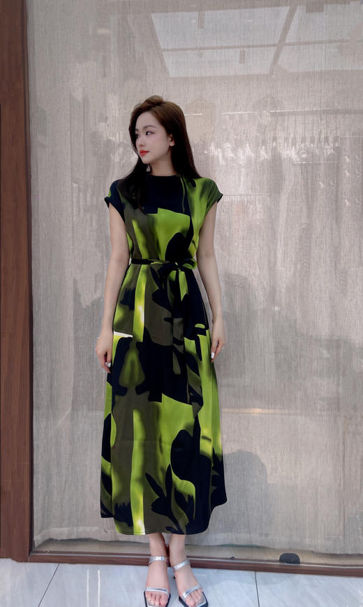 无袖绿色印花时尚高腰收腰连衣裙SZ2S60-庭芜绿 商品图1