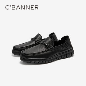 千百度男鞋一脚蹬休闲皮鞋黑色豆豆鞋男士舒适皮鞋A25102115
