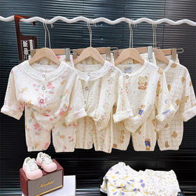 【满印图案家居服套装~】夏季纱布睡衣 儿童纯棉a类 纱布家居服套装 女童薄款花边开衫两件套-QQ